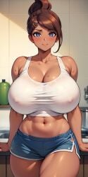 1girls ai_generated alternate_breast_size asahina_aoi big_breasts blue_eyes blue_shorts breasts breasts_bigger_than_head brown_hair cleavage covered_erect_nipples cowboy_shot crop_top curvaceous curvy curvy_female curvy_figure danganronpa erect_nipples female female_only huge_breasts human indoors kitchen midriff navel ponytail short_shorts sleeveless slim_waist solo sweatdrop tan-skinned_female tan_skin tanned_female tanned_girl tanned_skin thick_thighs thin_waist voluptuous voluptuous_female white_tank_top wide_hips zakvar