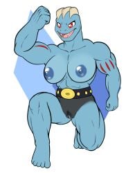 anthro anthro_only belt blue_body breasts female female_machoke flexing fours_(artist) generation_1_pokemon genitals hi_res machoke mostly_nude muscular muscular_female nintendo pokemon pokemon_(species) pubes pussy red_eyes solo