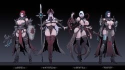 4girls absurdres areola_slip armor axe bikini_armor bimbo boots breasts brigitte_abbendis cleric dagger demetria garter_straps gigantic_breasts glowing glowing_clothes glowing_eyes high_heel_boots high_heels highleg highres knife knight l_axe large_breasts leotard lineup mace mage_staff marjhan monk multiple_girls sally_whitemane scarlet_crusade scarlet_crusade_symbol shield thighhighs warcraft weapon wizard world_of_warcraft