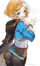 1girls ass big_ass blonde_hair blush breath_of_the_wild clothed double_v female fully_clothed hair_clip hi_res highres japanese_text looking_at_viewer peace_sign pointy_ears princess_zelda short_hair shuri_(84k) tears_of_the_kingdom the_legend_of_zelda tight_clothing v v_sign zelda_(tears_of_the_kingdom)