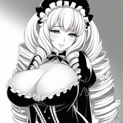 ai_generated black_and_white boob_window curly_hair drill_hair female female_focus female_only huge_breasts lolita_fashion lolita_hairband low_cut_top open_mouth original original_character solo