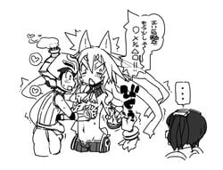 1boy 2girls animal_ears armor bag black_hair blush breast_grab hair hair_ornament hairclip headgear helmet hundred_knight long_hair metallia monochrome multiple_girls nippon_ichi_software pouch short_hair sweat text the_witch_and_the_hundred_knight translation_request viscole_dotrish