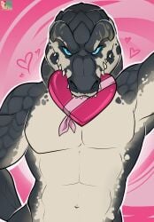 3d 3d_(artwork) animal animated arm_up armpit blue_eyes box cartoony chocolate colorful_background crocodile furry heart hearts_around_head holding_object_in_mouth kabscorner looking_at_viewer manly muscular romantic sfw sharp_teeth teeth