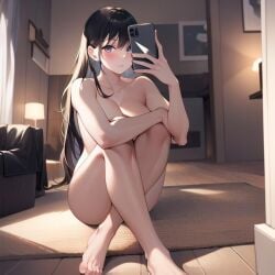 1girls ai_generated ai_mirror arm_up blue_eyes blush brown_hair carpet curtains holding_phone lamps legs_covering_chest legs_crossed legs_up long_hair looking_at_viewer medium_breasts mirror mirror_selfie phone picture_on_wall selfie sitting sitting_on_floor sofa white_skin window