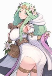 1girls ass breasts dress fire_emblem fire_emblem:_three_houses fire_emblem_heroes flower from_behind gonzarez green_eyes green_hair grey_background hair_flower hair_ornament harp highres holding holding_instrument instrument large_breasts long_hair looking_at_viewer looking_back official_alternate_costume pantylines rhea_(aura_of_love)_(fire_emblem) rhea_(fire_emblem) simple_background skindentation solo thigh_strap white_dress