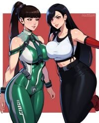 1girls 2d 2d_(artwork) abs absurdres ai_generated ass ass_focus big_breasts black_hair blunt_bangs bodysuit breasts brown_eyes clothed clothed_female earrings eve_(stellar_blade) female female_focus female_only final_fantasy final_fantasy_vii final_fantasy_vii_remake fully_clothed gloves green_bodysuit grey_gloves hair_ornament hazzaniart hi_res high_resolution highres large_breasts leggings long_hair looking_at_viewer looking_down open_mouth pants planet_diving_suit_(7th)_(stellar_blade) ponytail red_eyes shorts silver_bodysuit simple_background solo solo_female solo_focus square_enix stellar_blade thick_thighs thighs tifa_lockhart tight_clothes tight_pants two-tone_bodysuit very_long_hair