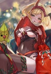 1girls big_breasts blonde_hair breasts breath_of_the_wild christmas christmas_outfit cleavage clothed female green_eyes hylian korok leotard long_ears navel nintendo pointy_ears princess_zelda short_hair shuri_(84k) smug tears_of_the_kingdom teasing the_legend_of_zelda thighhighs zelda_(tears_of_the_kingdom)