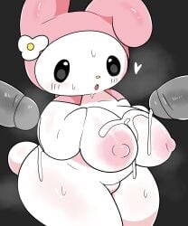 anthro blush bunny chikuwa cum cum_on_breasts cute ebi10000000000 grey_penis headgear innocent lagomorph leporid my_melody onegai_my_melody sanrio shortstack sweat wide_hips