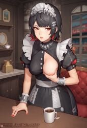 ai-created ai_generated apron bangs black_dress black_hair blush breast_grab breast_milking breast_slip breast_squeeze breasts breasts_out_of_clothes cafe cleavage clothing coffee coffee_mug collar colored_inner_hair covered_erect_nipples cup dress ellen_joe exposed_breasts female frills grabbing_own_breast groping hair_ornament hairclip headdress headwear high_resolution indoors jenneth_blackray lactation leaning_forward lips looking_at_viewer maid maid_apron maid_headdress medium_breasts milk mug multicolored_hair nail_polish nipples no_bra parted_lips puffy_short_sleeves puffy_sleeves red_eyes red_hair red_nails short_hair short_sleeves solo spikes stable_diffusion table teacup tray two-tone_hair uniform victoria_housekeeping wardrobe_malfunction white_apron window wrist_cuffs zenless_zone_zero