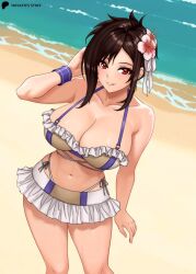 1girls bikini bikini_skirt breasts brown_hair female female_only final_fantasy final_fantasy_vii final_fantasy_vii_rebirth final_fantasy_vii_remake hayato_stuff long_hair looking_at_viewer navel solo swimsuit tied_hair tifa_lockhart