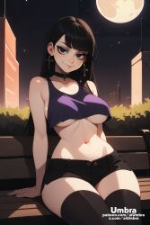 1boy 1girls ai_generated aiumbra black_hair goth goth_girl high_resolution highres medium_breasts self_upload stable_diffusion stella_(aiumbra) stomach thighhighs thighs underboob