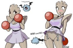 1girls 2020 anthro b-intend black_eyes blue_fur boxing_gloves breasts brown_body brown_eyes brown_skin cleavage dress female female_focus hitmonchan nintendo pink_nose pokemon pokemon_(species) purple_dress pussy red_boxing_gloves red_gloves text thighs white_background woobat