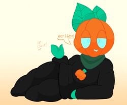 black_legwear blue_eyes flirting laying_down male male_only oc plant_hair pumpkin spinninswaws sweater text