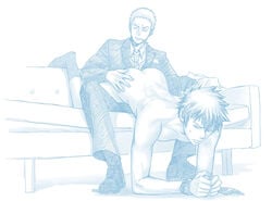 2boys ass business_suit cigarette kougami_shin'ya male_only monochrome multiple_boys nude psycho-pass restrained sasayama_mitsuru simple_background socks tagme yaoi