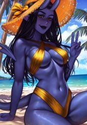 1girls 2d 2d_(artwork) abs beach belly belly_button bikini breasts demon_tail detailed_background female female_focus female_only hi_res high_resolution highres inspyart large_breasts long_hair looking_at_viewer navel ocean oni oni_horns orange_eyes palm_tree peace_sign purple_skin sand sea seaside smiling_at_viewer solo solo_female solo_focus sun_hat tail