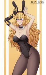 1girls blonde_female blonde_hair bunny_ears bunnysuit cleavage hands_above_head long_hair long_hair_female pose posing purple_eyes robotic_arm rwby tehshraid yang_xiao_long