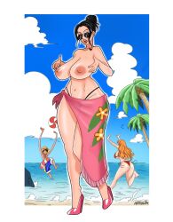 astraph big_breasts black_hair curvy_female female male monkey_d_luffy nami nico_robin nipples one_piece post-timeskip sarong sunglasses