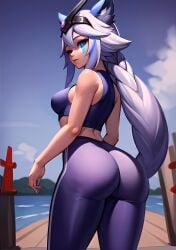 ai_generated animal_ears ass ass_focus blue_eyes female fox_ears io_(paladins) looking_at_viewer paladins silver_hair sleeveless_shirt solo stable_diffusion tight tight_clothing yoga_pants