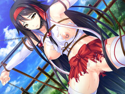 areolae armpits black_hair blush breasts censored clouds collar dutch_angle female game_cg highres huge_breasts ishii_akira legs long_hair looking_at_viewer mosaic_censoring nipple_piercing nipples no_panties outdoors piercing pubic_hair pussy rope saikyou_no_bakunyuu_kendo_wo_nikuonaho_haramase_shinagara_musou_suru_taima_seikatsu sky solo standing sweat thighhighs thighs tied_up torn_clothes yellow_eyes