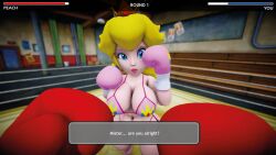 1female 1male 3d big_breasts bikini blonde_hair boxing boxing_gloves boxing_ring crown curvy curvy_female dialogue earring female_focus fight fighting gameplay_mechanics light-skinned_female male_pov mario_(series) mixed_boxing mmd pink_boxing_gloves pov princess princess_peach red_boxing_gloves strong_woman swimsuit text thighs ultimabox worried worried_expression worried_look