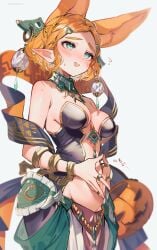 animal_ears big_breasts blonde_hair blush breath_of_the_wild cleavage clothed cosplay female hi_res highres kemonomimi mineru_(cosplay) nintendo pointy_ears princess_zelda short_hair shuri_(84k) tears_of_the_kingdom the_legend_of_zelda white_background zelda_(tears_of_the_kingdom) zonai_outfit