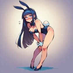 ai_generated aiposter black_hair blush bowtie bunny_ears bunnysuit cleavage embarrassed embarrassed_female gradient_background high_heels hyuuga_hinata leaning_forward looking_at_viewer naruto naruto_(series) naruto_shippuden playboy_bunny white_eyes