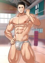 1boy bara blush bulge haikyuu!! jockstrap male male_nipples male_only miesicomic muscular_male nipples penis_outline sawamura_daichi sweat sweating underwear