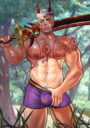 1boy 2d arataki_itto bara bulge genshin_impact looking_at_viewer looking_down looking_down_at_viewer male male_nipples male_only male_pubic_hair miesicomic muscular muscular_male nipples solo solo_male underwear white_hair