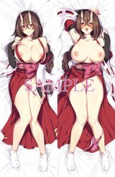 blush braid braided_ponytail breasts bridal_gauntlets brown_hair closed_mouth commentary_request crossed_bangs dakimakura_(medium) detached_sleeves female full_body hair_between_eyes highres japanese_clothes kiryuin_kaede large_breasts long_hair long_sleeves lying nipples on_back oni open_mouth original panties puuzaki_puuna red_eyes red_panties sample_watermark smile socks thighs underwear watermark white_socks wide_sleeves