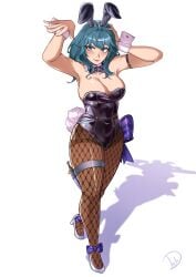 1girls absurdres alternate_costume animal_ears arm_strap arms_up bare_shoulders black_hairband black_leotard blue_eyes blue_hair breasts brown_pantyhose bunny_ears bunny_girl bunnysuit byleth_(female)_(fire_emblem) byleth_(fire_emblem) byleth_(fire_emblem)_(female) cleavage commentary dagger deliciousbra deliciousbrain eyelashes fake_animal_ears female female_only fire_emblem fire_emblem:_three_houses fishnet_pantyhose fishnets grey_footwear hairband high_heels highres knife large_breasts leotard long_hair looking_at_viewer nintendo pantyhose playboy_bunny rabbit_ears red_lips sheath sheathed simple_background smile solo strapless strapless_leotard thigh_strap weapon white_background wrist_cuffs
