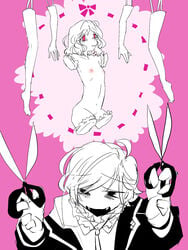 amputee arms clothed_male_nude_female crying diabolik_lovers eye_bags fangs female flat_chest guro hanging komori_yui legs line_art male monochrome navel nipples open_mouth pink_eyes quadruple_amputee sakamaki_kanato school_uniform scissors shun_kichi small_breasts smile tears uniform