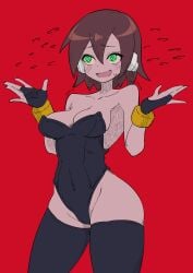 aile alternate_breast_size buzzlyears fingerless_gloves fit_female gloves highleg_leotard large_breasts leotard mega_man mega_man_zx nervous_smile shrug swirly_eyes thick_thighs thighhighs wavy_mouth wide_hips