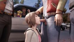 1girls 3d blowjob brown_hair clothed cuckold cum cum_on_face eye_contact fellatio female jock koomer life_is_strange logan_robertson male max_caulfield nathan_prescott public warren_graham