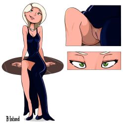 2020 b-intend blonde_hair blue_dress blue_nails breasts cleavage disney dress female female_focus female_only green_eyes high_heels long_hair mirage_(the_incredibles) painted_fingernails painted_nails pixar pubic_hair pussy table the_incredibles white_fur