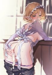 1girls after_sex anus apron bent_over blonde_hair blush breasts breath_of_the_wild clothed_sex cum cum_in_pussy cum_inside female green_eyes hairclip hi_res highres large_breasts maid maid_apron maid_headdress maid_uniform nintendo nipples panties partially_clothed pointy_ears princess_zelda pussy short_hair shuri_(84k) tears_of_the_kingdom the_legend_of_zelda zelda_(tears_of_the_kingdom)