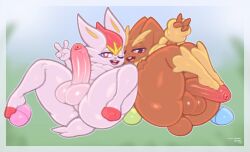 2boys 2males anthro anthro_only artist_name artist_signature ass balls bottom_heavy bottom_heavy_femboy brown_body brown_fur bunny_ears bunny_tail butt cinderace easter easter_egg easter_eggs femboy foreskin frumples furry furry_only game_freak generation_4_pokemon generation_8_pokemon genitals lagomorph laying_on_back leporid lopunny male male_only nintendo one_eye_closed open_mouth peace_sign penis pink_eyes pink_sclera pokemon pokemon_(species) pose rabbit red_eyes short_tail thick_penis thick_thighs thighs white_fur