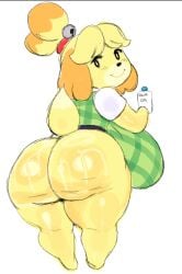 1female 1girls animal_crossing ass ass_focus back_view bell big_ass big_butt bottomless bottomless_skirt bubble_butt canine crossnsfw dog_girl fat_ass fat_butt hair hair_ornament huge_ass huge_breasts huge_butt isabelle_(animal_crossing) looking_at_viewer looking_back nintendo oiled shih_tzu shortstack skirt solo solo_female thick_ass thick_butt thick_thighs thighs upskirt