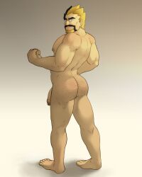 1boy ass bara black_hair blonde_hair clenched_hands completely_nude facial_hair flaccid from_behind goatee highres huge_eyebrows human_fuerte_(great_el_fuerte's) large_pectorals looking_at_viewer looking_back male_focus mature_male multicolored_hair muscular muscular_male nipples nude original pectorals penis rickpenman second-party_source short_hair solo sparse_chest_hair spiked_hair standing thick_ass_hair thick_mustache two-tone_beard two-tone_hair uncensored