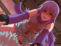 1boy :d black_gloves blush breasts bridal_gauntlets brown_eyes clothed_sex cowgirl_position female fishnet_top fishnets gintama gintoki_sakata glasses gloves japanese_clothes lavender_hair long_hair lying morisoba_icchou nipples no_bra no_panties on_back open_mouth red-framed_glasses sarutobi_ayame scarf sex short_hair silver_hair sitting sitting_on_person smile solo_focus spread_legs