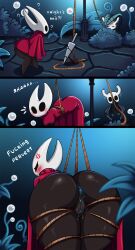 angry anthro anus arthropod ass big_butt black_body black_eyes blue_anus blush blush_lines bodily_fluids bondage bound breasts cloak_only clothing cross-popping_vein dialogue duo empty_eyes featureless_feet feet female genital_fluids grey_cloak grey_clothing hi_res hollow_knight hornet_(hollow_knight) insects looking_back male pink_cloak pink_clothing protagonist_(hollow_knight) question_mark rear_view restraints rope rope_bondage rope_harness team_cherry text thick_thighs trap_(contrivance) trapped vaginal_fluids white_body wide_hips zelles