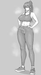 1futa balls bangs big_breasts big_penis breasts clothed clothing full_body fully_clothed futa_only futanari greyscale human long_hair nia0122 penis solo sports_bra sportswear standing sweat