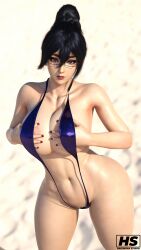 1girls 3d beach big_breasts black_hair blue_eyes breasts female female_only fumitan_admoss glasses gundam gundam_tekketsu_no_orphans hagiwara_studio high_resolution highres sling_bikini solo tagme