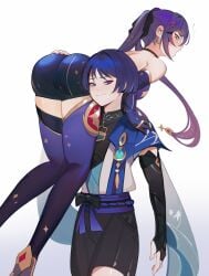 1boy 1girls angry ass blue_eyes blue_hair bubble_butt carrying carrying_over_shoulder choker dat_ass genshin_impact leotard memeh mona_(genshin_impact) purple_hair scaramouche_(genshin_impact) shirt shorts smug smug_grin thighhighs