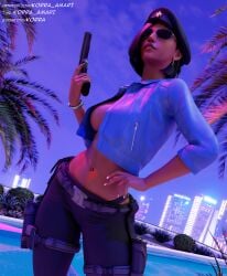 aviator_sunglasses black_body blender blender3d blender_(artwork) blender_cycles blizzard_entertainment breasts casino cop female female_focus fit fit_female gta_online_female_character gta_v gun korra_amari lighting nsfw overwatch overwatch_2 pharah pistol police police_officer police_uniform policewoman sfw short_hair sunglasses tinted_eyewear weapon wearing_glasses