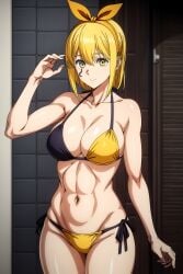 abs ai_generated artist_request bikini blonde_female blonde_hair large_breasts lemon_irvine mashle midriff muscular muscular_female yellow_eyes