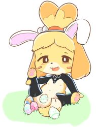 animal_crossing anthro anus bunny_ears canid canine canis cute dog easter egg_laying female isabelle_(animal_crossing) leg_lift on_grass paws presenting pussy pussy_juice pussy_juice_trail shih_tzu x_kem0