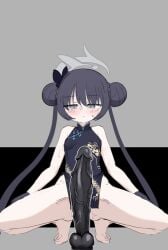 black_dress black_gloves black_hair blue_archive blush butterfly_hair_ornament china_dress chinese_clothes dildo double_bun dress female gloves grey_eyes grey_halo hair_between_eyes hair_bun hair_ornament halo huge_dildo imminent_masturbation imminent_penetration kisaki_(blue_archive) long_hair pelvic_curtain print_dress sex_toy side_slit simple_background spread_legs squatting stonewill twintails very_long_hair