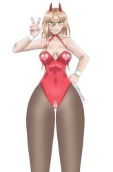 blonde_hair bunny_costume bunnysuit chainsaw_man clothed clothed_female clothing cut_clothes embarassed exhibitionism exhibitionist hairy_pussy horns peace_sign pink_nipples pink_pussy power_(chainsaw_man) pussy red_clothing red_horns small_breasts teeth_showing ultyde white_skin yellow_eyes