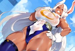 1girls abs ai_generated breasts covered_nipples dark-skinned_female hand_on_hip henrik_n large_breasts leotard miruko muscular_female my_hero_academia novelai outdoors red_eyes see-through solo sweat thiccwithaq_(ai_style) thighhighs wet_clothes white_hair wide_hips