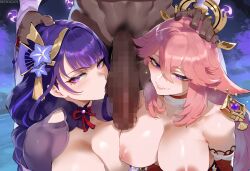 ai_generated big_breasts censored dark-skinned_male interracial meiogun raiden_shogun thiccwithaq_(ai_style) yae_miko